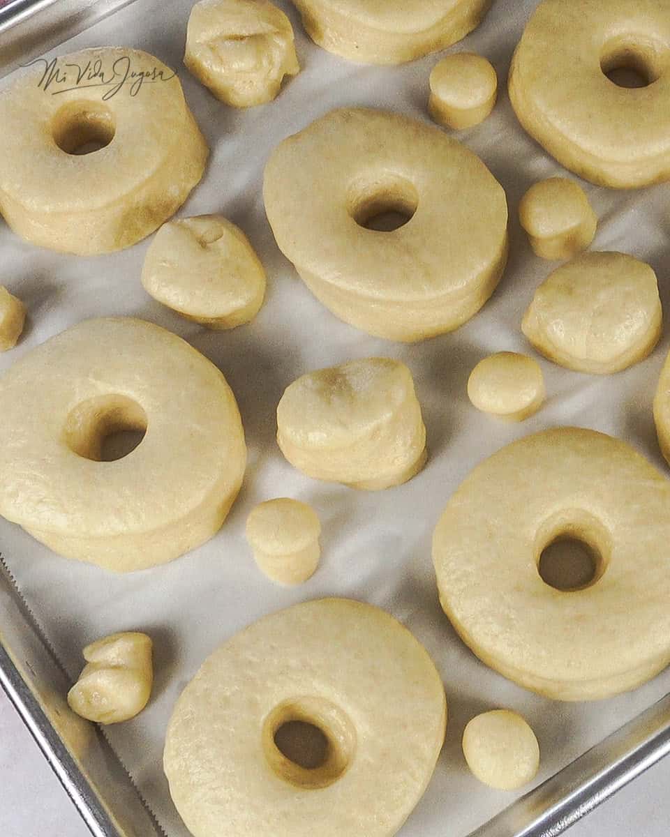 Bandeja de donas y pedacitos sobrantes de la masa, leudados, lista para freír