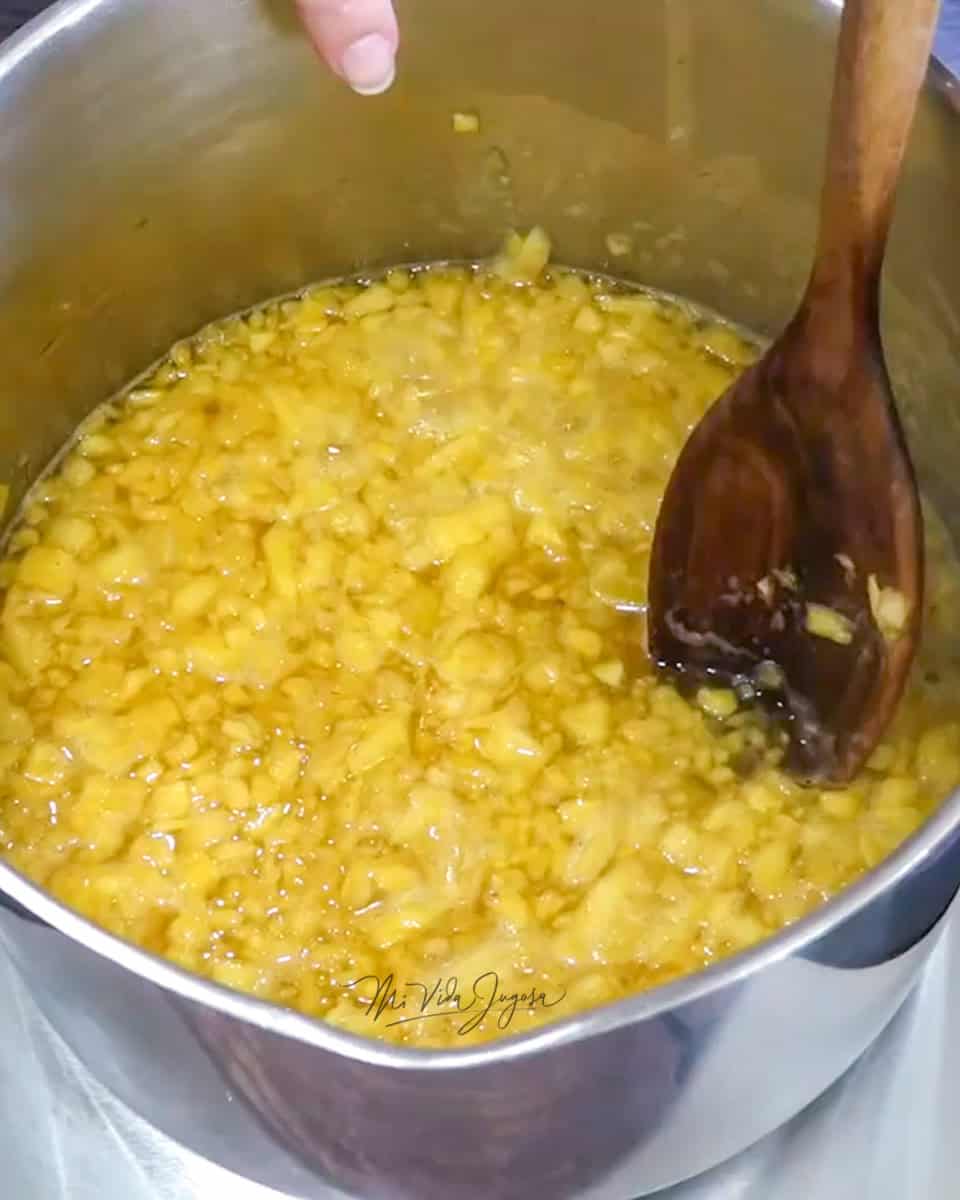 Una olla profunda conteniendo piña picada a la cual se le agrego agua, y una cuchara de madera.