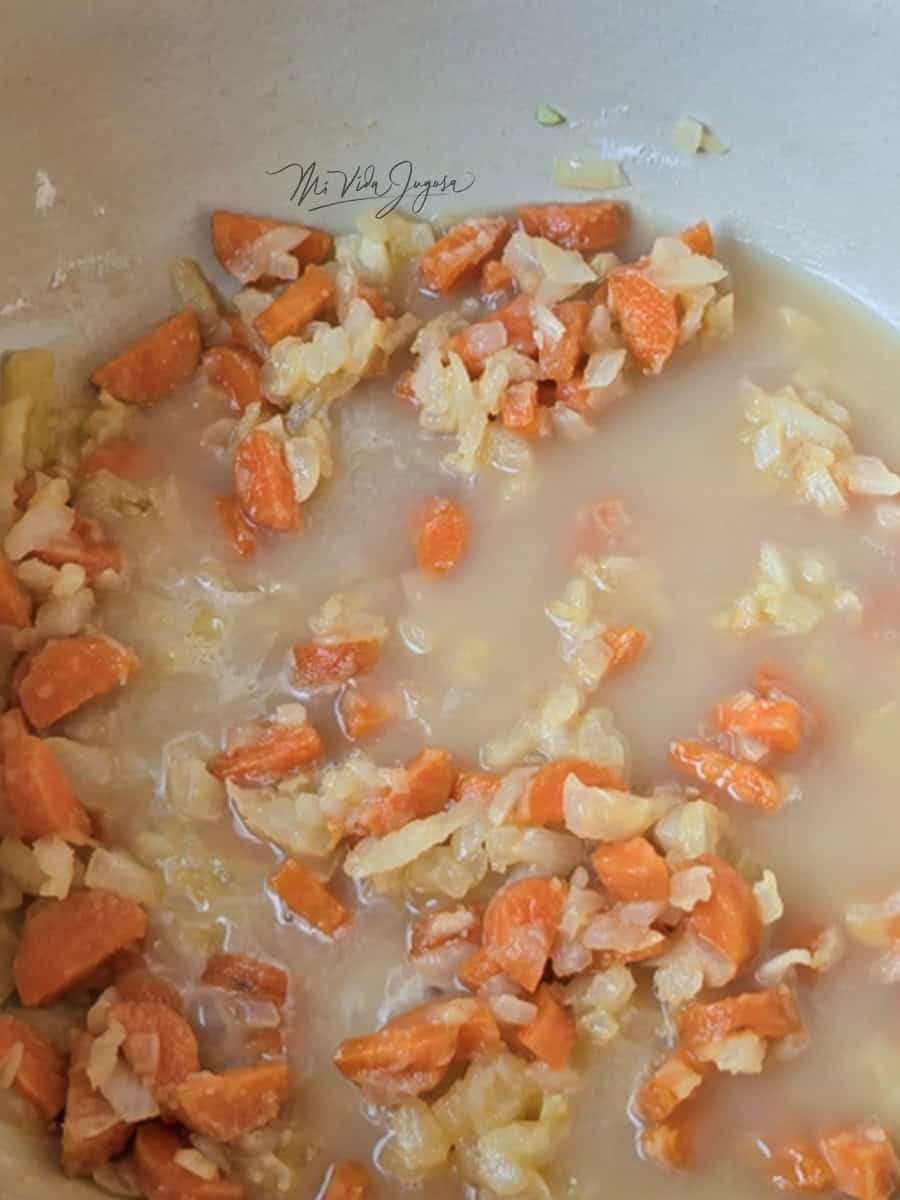 Pedacitos de zanahoria con cebolla en un caldo de pollo