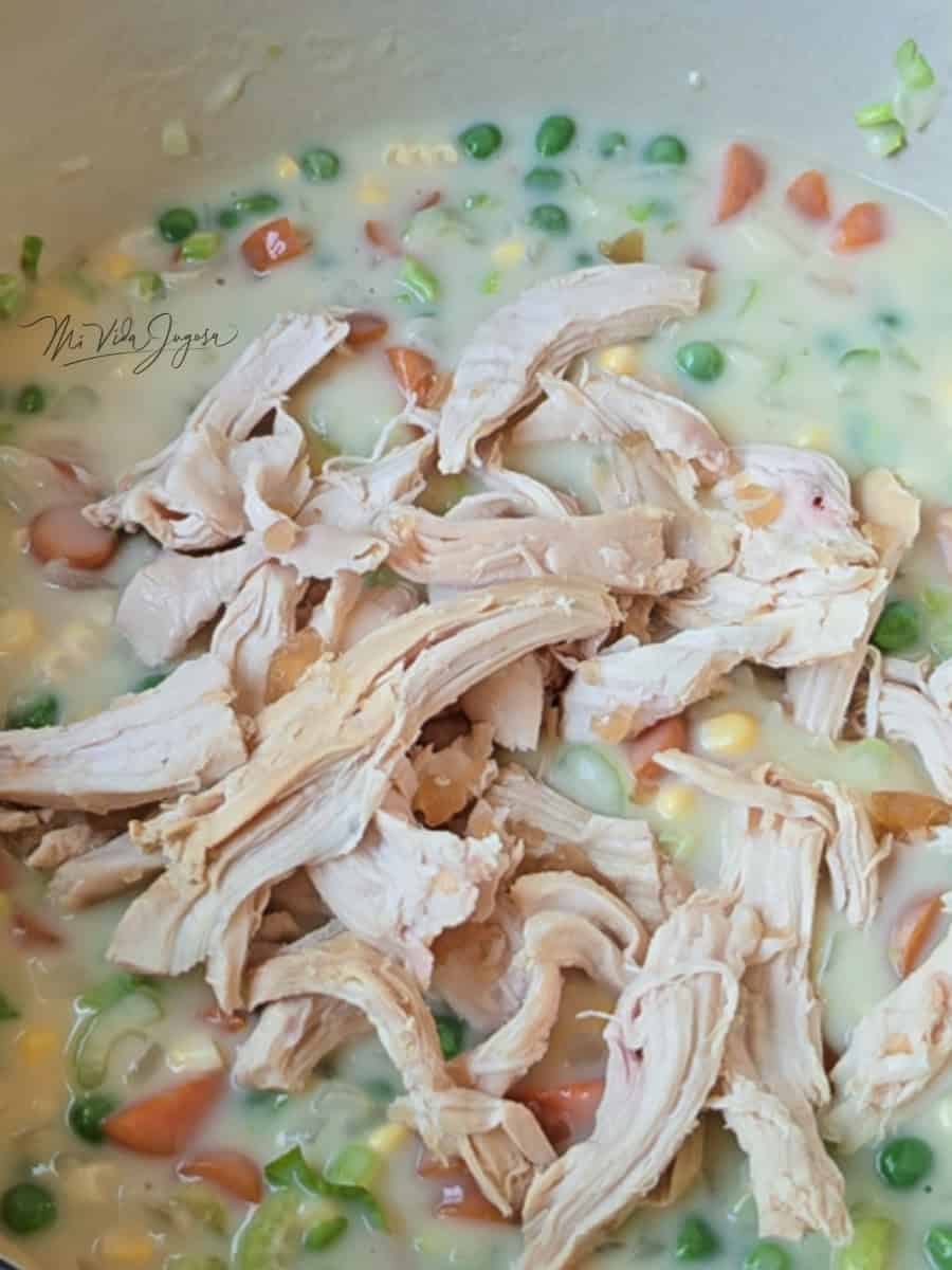 Mix de vegetales de Zanahoria, maiz dulce, petit pois en salsa blanca, con unos trozos de pollo por encima