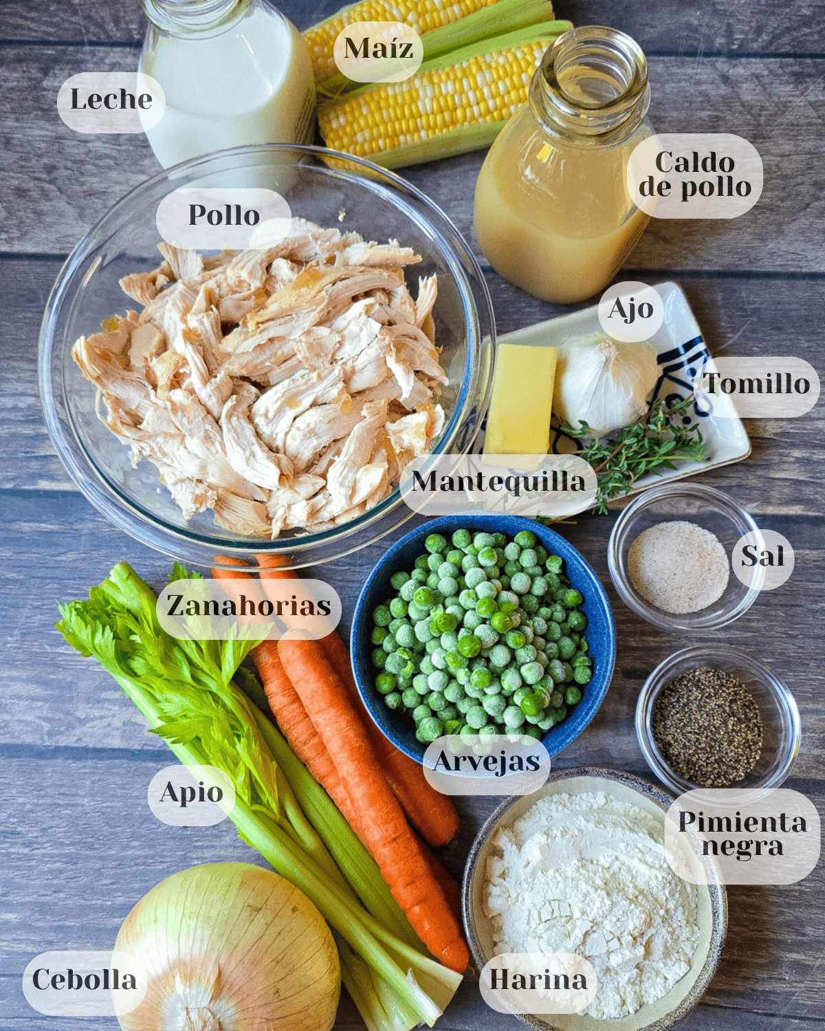 Una foto desde arriba de todos los ingredientes que se van a usar en la receta, cada ingrediente tiene su nombre en una etiqueta