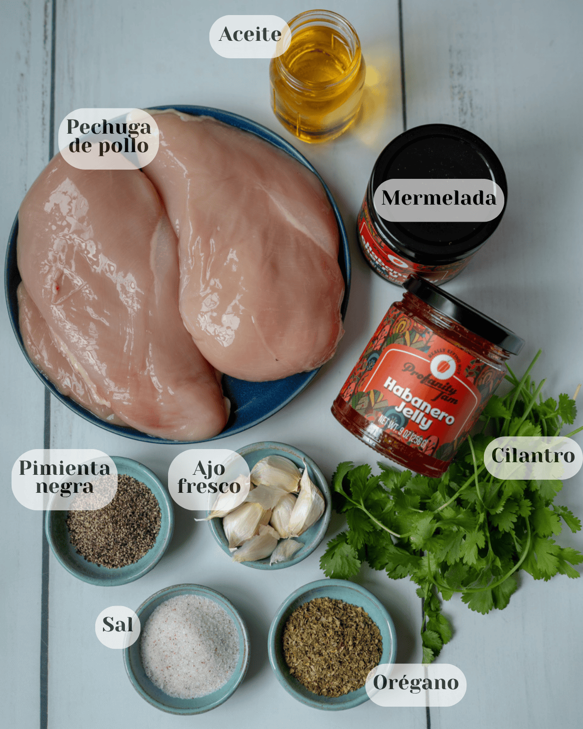 Una foto aerea de los ingredientes usados en la receta, con sus respectivos nombres