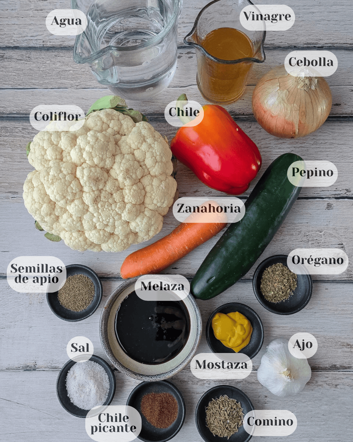 los ingredeintes vistos desde arriba, Una taza con agua, un pichel pequeño con vinagre, una cebolla, un chile dulce, coliflor, una zanahoria, un pepino, pimienta negra, melaza, orégano, mostaza, ajos, sal, chile picante y comino.